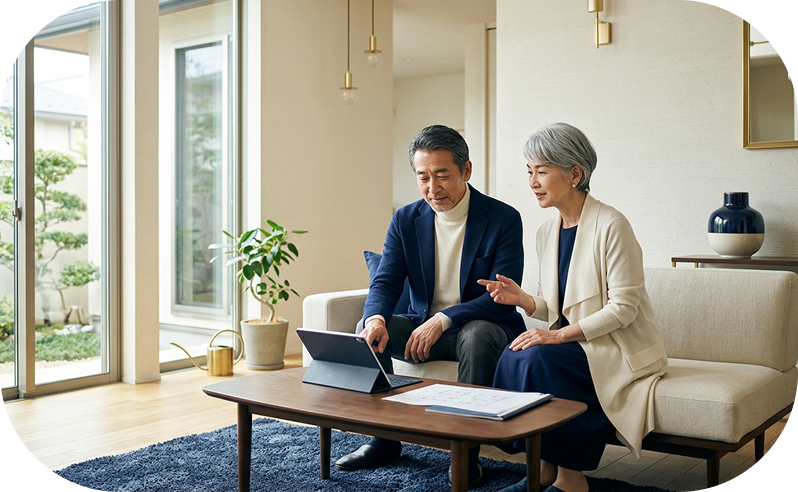 資料を見ながら打ち合わせをする夫婦02