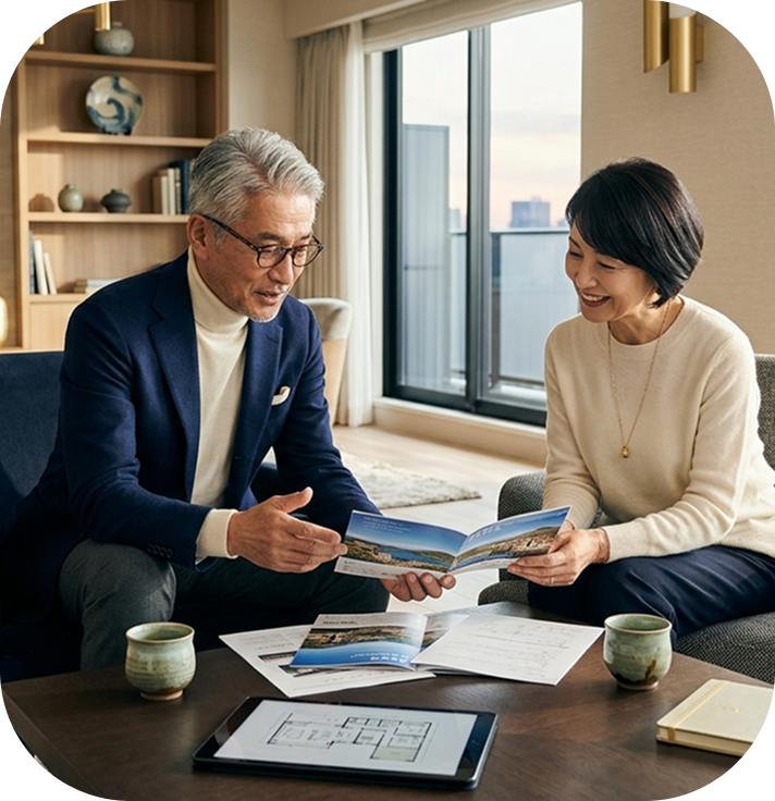資料を見ながら話し合う夫婦01