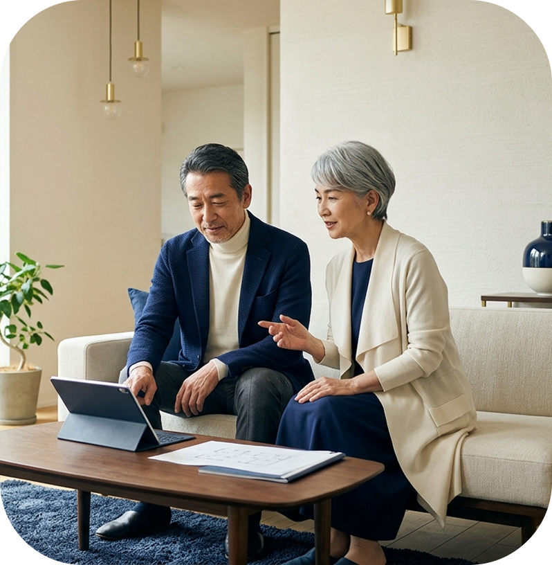 ソファで資料を見ながら会話する夫婦