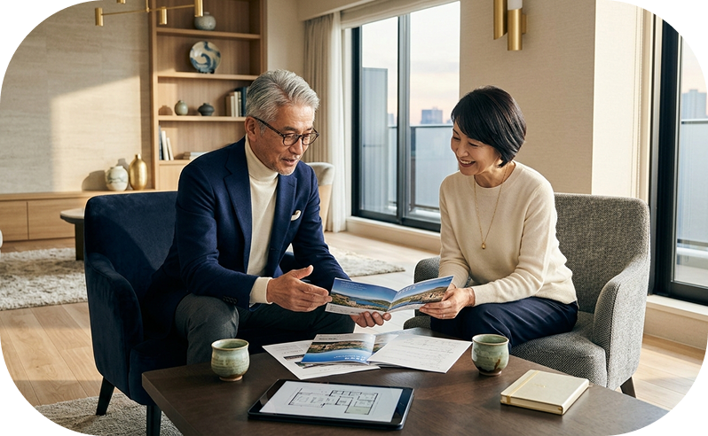 窓辺で資料を見ながら会話する夫婦